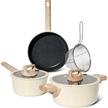 Just Perfecto Комплект съдове за готвене Just Perfecto JL-331, 6 части, Мраморно покритие, Индукция, Стъклен капак с отвор за пара, Бежов (JL-331)