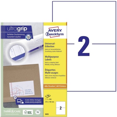 Avery-Zweckform 3655 210 x 148 mm papier biela 200 ks trvalé univerzálne etikety atrament, laser, kópie; 3655