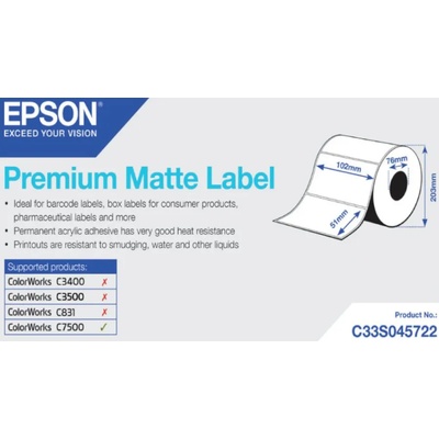 Epson C33S045722 Preмiuм Matte, за ColorWorks, 102x51мм, 2310 бр, бели самозалепващи етикети (C33S045722)