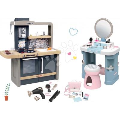 Smoby Set kuchynka elektronická s nastaviteľnou výškou Tefal Evolutive a kozmetický stolík s elektronickým sušičom a kabelkou