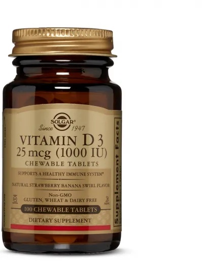 Solgar Хранителна добавка дъвчащи капсули Витамин D 3 , Solgar Vitamin D3 1000IU 100 Chewable Tabs Banana - Strawberry