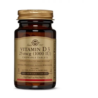 Solgar Хранителна добавка дъвчащи капсули Витамин D 3 , Solgar Vitamin D3 1000IU 100 Chewable Tabs Banana - Strawberry