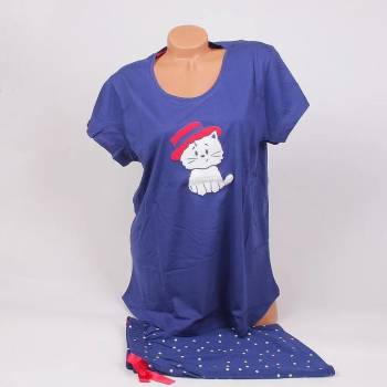 Image 1 of Макси пижама с къс ръкав в тъмносиньо с коте