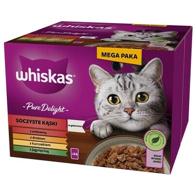 WHISKAS Adult Pure Delight Juicy Bites v želé kúsky s hovädzím, kuracím, jahňacím, hydinovým mäsom 24x85 g