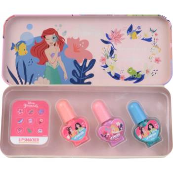Lip Smacker Disney Princess Nail Polish Tin dárková kazeta pro děti lak na nehty 3 x 4,25 ml + samolepky + plechová krabička