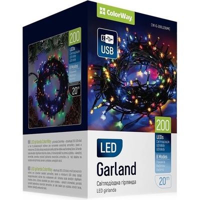 COLORWAY LED řetěz vnitřní 200 LED délka 20m více barevný 8 funkcí napájení USB CW-G-200L20UMC