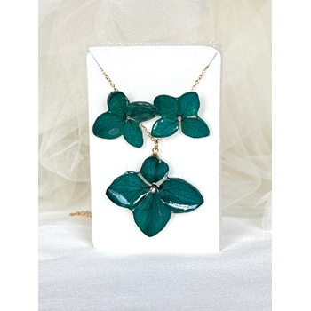 Meganflo Комплект бижута от истински цветя: обеци и колие с хортензия в смарагдово зелено