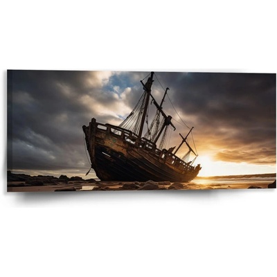 Sablio Obraz Vrak lode pri západe slnka - 110x50 cm