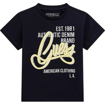 GUESS Тъмно синя тениска за мини момче с жълт надпис Guess