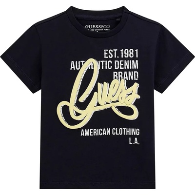GUESS Тъмно синя тениска за мини момче с жълт надпис Guess