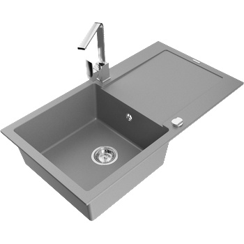 Mexen Leo гранитна мивка 1-коморна с отцедник и кухненски смесител Рита, сива - 6501-71-670300-00 (6501-71-670300-00)