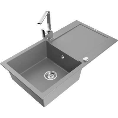 Mexen Leo гранитна мивка 1-коморна с отцедник и кухненски смесител Рита, сива - 6501-71-670300-00 (6501-71-670300-00)