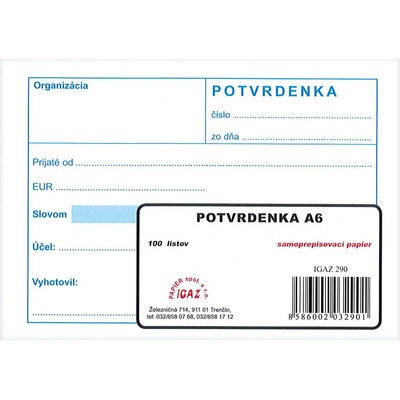 Igaz 290 Potvrdenka A6 - samoprepis 100 listov