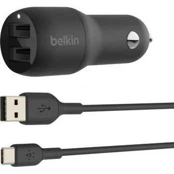 Belkin Boost Charge Dual Car Charger & USB-C Cable - зарядно за кола с 2xUSB изходa (4.8A) и USB-C кабел (черен)