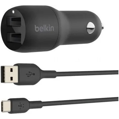 Belkin Boost Charge Dual Car Charger & USB-C Cable - зарядно за кола с 2xUSB изходa (4.8A) и USB-C кабел (черен)