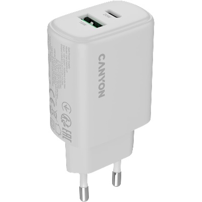 Зарядно устройство Canyon OnCharge 200, от контакт към 1x USB-C(ж), 1x USB-A(ж), 12V, бяло, 20W, QC 3.0 (CNE-CHA200-21)
