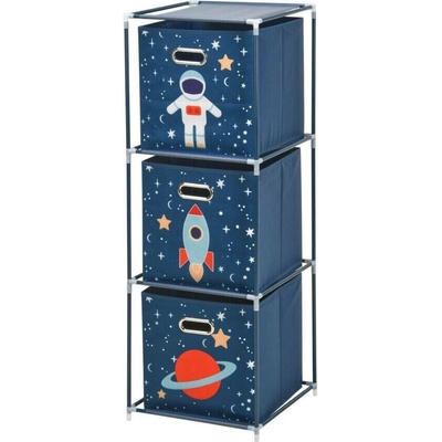 Storagesolutions Regál na knihy s úložnými boxy na hračky - vesmirná mise, 35x35x102 cm tmavě modrý