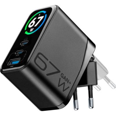 Cellularline Зарядно 220V GaN+ TFT 2xUSB-C + USB-A 67W черно 15414