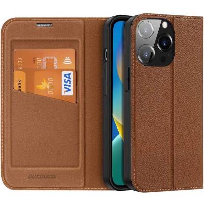 Dux Ducis Skin X2 Case - кожен калъф с поставка и отделение за кр. карти за iPhone 14 Pro (кафяв)