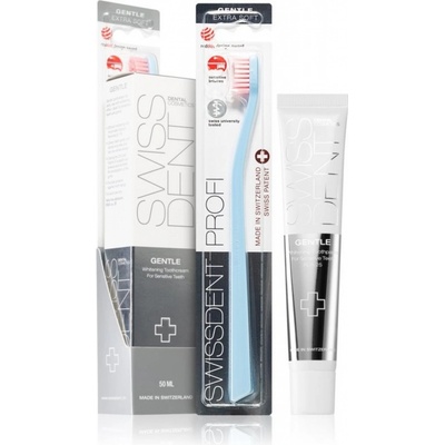 Swissdent Gentle Whitening 50 ml bělicí zubní pasta 50 ml + zubní kartáček profi gentle extra soft light blue dárková sada