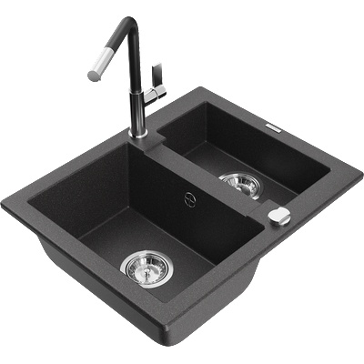 Mexen Carlos гранитна мивка с 1, 5 камери с кухненски смесител Flora, черна на (6518-76-670401-07)