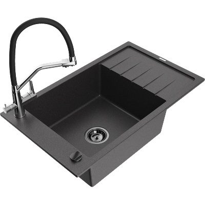 Mexen Elias гранитна мивка с 1 корито с отцедник и кухненски смесител Duo, черен точков - 6511-76-671701-07-B (6511-76-671701-07-B)