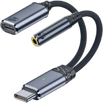 2в1 аудио и зареждащ адаптер - 3, 5 mm жак / USB-C към USB-C - тъмно сив (87227)