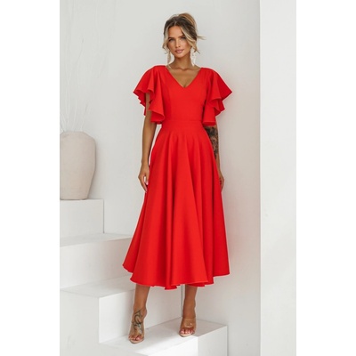 Warsaw Dress midi šaty s volánovými rukávmi červené