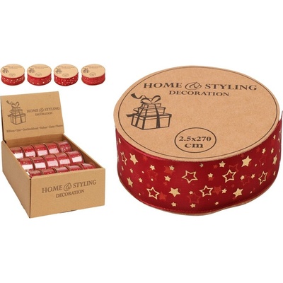 Stuha 2700x25mm potisk zlatý hvězda, houslový klíč s notami box mix, červená, zlatá