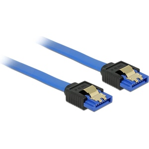 Delock SATA кабел, 6 Gb/s, втулка, прав SATA втулка, права, 10 cm, синя със златисти скоби (84976)