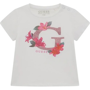 GUESS Бяла тениска за бебе момиче с розово G с глитери и цветя Guess