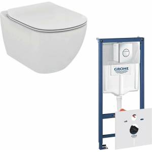 GROHE Комплект тоалетна чиния Ideal Standard Tesi AquaBlade с капак с плавно затваряне и казанче Grohe с клапа Nova Cosmopolitan (T352701+T007901+38813001)