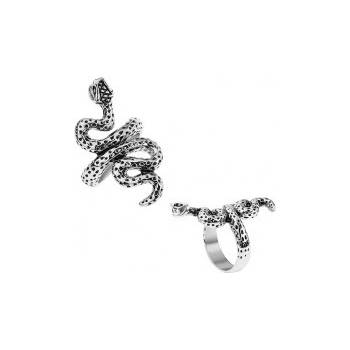 Šperky eshop Patinovaný prsteň z ocele strieborná farba zvlnený had s bodkami T22.5