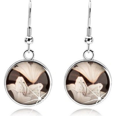 Šperky eshop cabochon visící na afro háčcích vypouklé sklo bílé květy lilie SP65.01