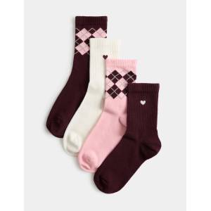 Marks & Spencer Комплект от 4 чифта глезденки с висок дял памук и геометричен мотив Marks & Spencer червена Marks & Spencer | Cherven | Момичешки | 6-8+