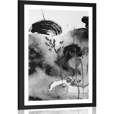 Plakát s paspartou malba japonské oblohy v černobílém provedení - 40x60 black