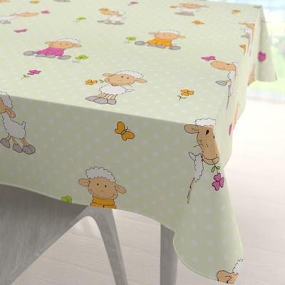 Biante Dětský bavlna čtvercový ubrus Sandra SA-729 Veselé ovečky na světle zeleném puntíkovaném 100x100 cm