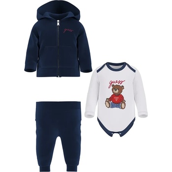 Guess Комплект тъмносин плюшен суичър, панталон и бялo боди с мече за момче Guess