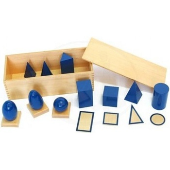 Montessori Geometrické telesá s podstavcami a krabicou