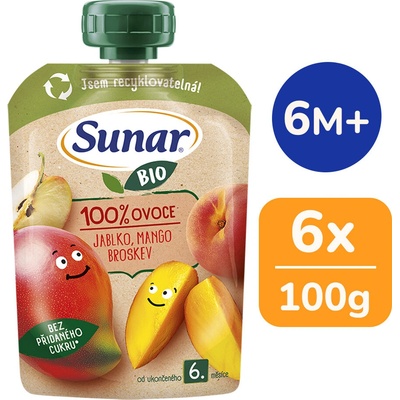 Sunar BIO Jablko mango broskyňa 6 x 100 g