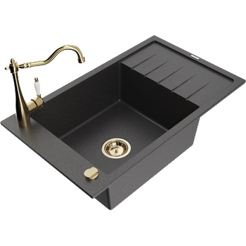 Mexen Elias гранитна мивка с 1 отделение и отцедник и кухненски смесител Carla, черна на пръски - 6511-76-670700-50 (6511-76-670700-50)