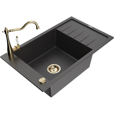Mexen Elias гранитна мивка с 1 отделение и отцедник и кухненски смесител Carla, черна на пръски - 6511-76-670700-50 (6511-76-670700-50)