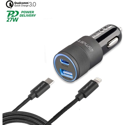 4smarts Car Charger Rapid+ 27W with Quick Charge with PD - зарядно за кола с USB и USB-C изходи с USB-C към Lightning кабел и технология за бързо зареждане (черен-тъмносив)