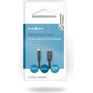 Nedis Стерео аудио кабел Nedis CAGB22100BK02, 3, 5 мм стерео жак - 2x 3, 5 мм жак, 0, 20 м (CAGB22100BK02)