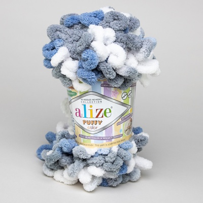 Příze s oky Alize PUFFY COLOR pro ruční pletení bez jehlic, 6075 modro-šedo-bílý melír, efektní, 100g/9m