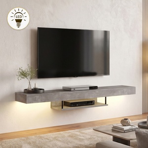 TopMebel Стенен ТВ шкаф Albares TopMebel от меламин с LED осветление в цвят бетон сив 150x29.6x22см