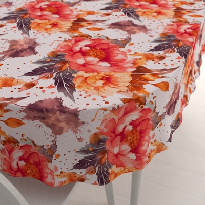 Biante bavlna oválny obrus Sandra SA-600 Veľké červeno-ružovo-oranžové kvety pivonky na bielom 140x220 cm