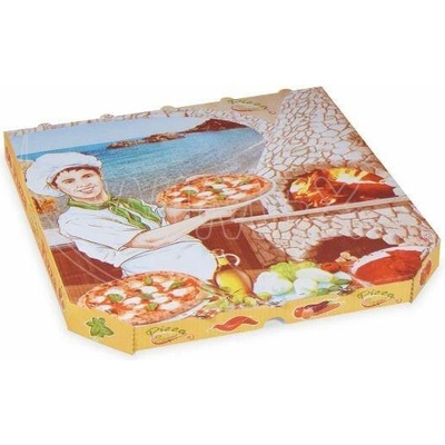 Krabice na pizzu (mikrovlnitá lepenka) E6 bílá s potiskem 33 x 33 x 3 cm [100 ks]