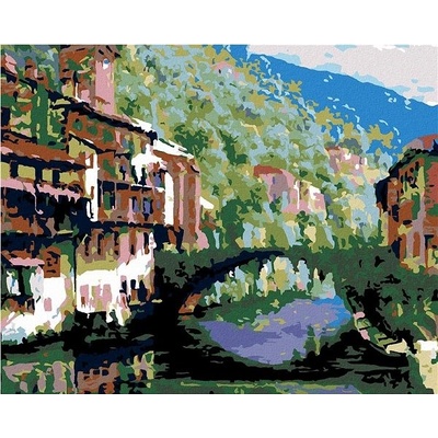 zuty Malování podle čísel řeka mezi domy a obrostlý můstek 100 x 80 cm vypnuté plátno na rám