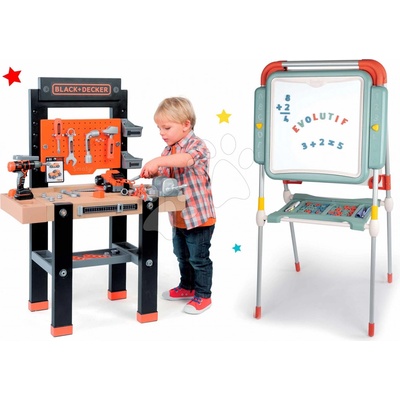 Smoby Set pracovná dielňa Black & Decker s vŕtačkou a magnetická obojstranná tabuľa polohovateľná so skrinkou